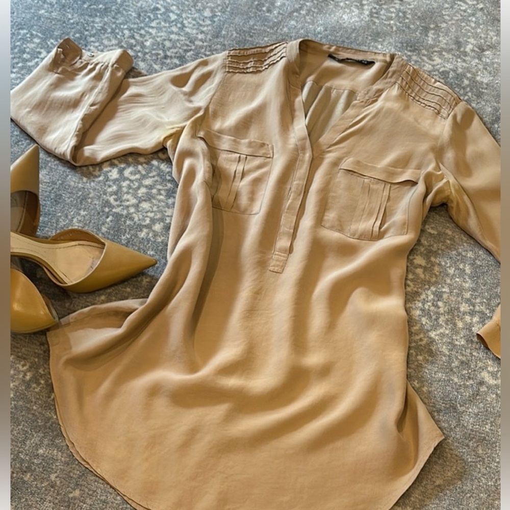 Zara Beige Silk Tunic Blouse